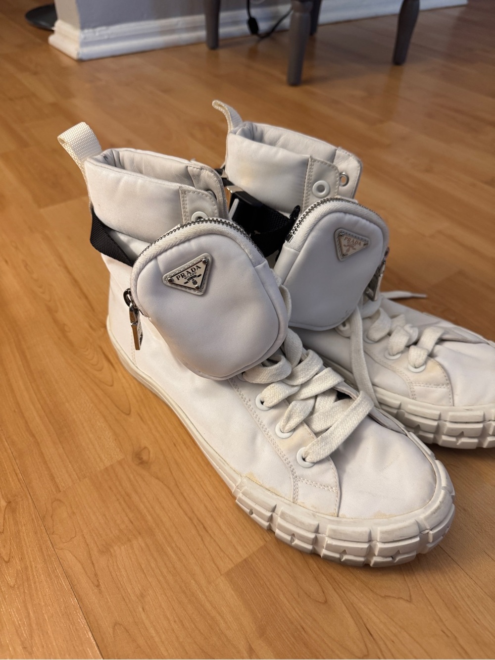 Prada White High-Top Sneakers with Detachable Pouch Accents